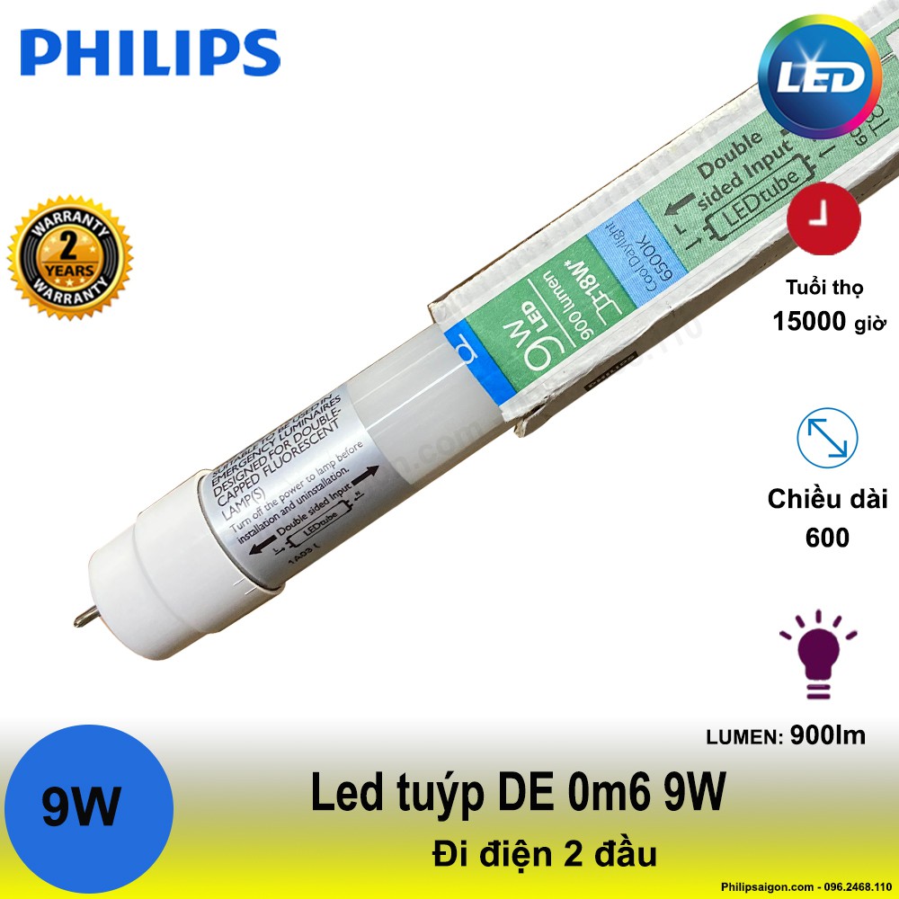 (Bộ 5) bóng Led tuýp Philips DE 0m6 9W - điện đi 2 đầu, sử dụng dòng điện trực tiếp, tiết kiệm điện đến 55% - 24 tháng