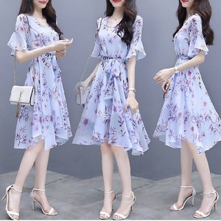 Đầm Nữ Dài Tay Cổ Tròn Eo Thắt Thời Trang Hàn