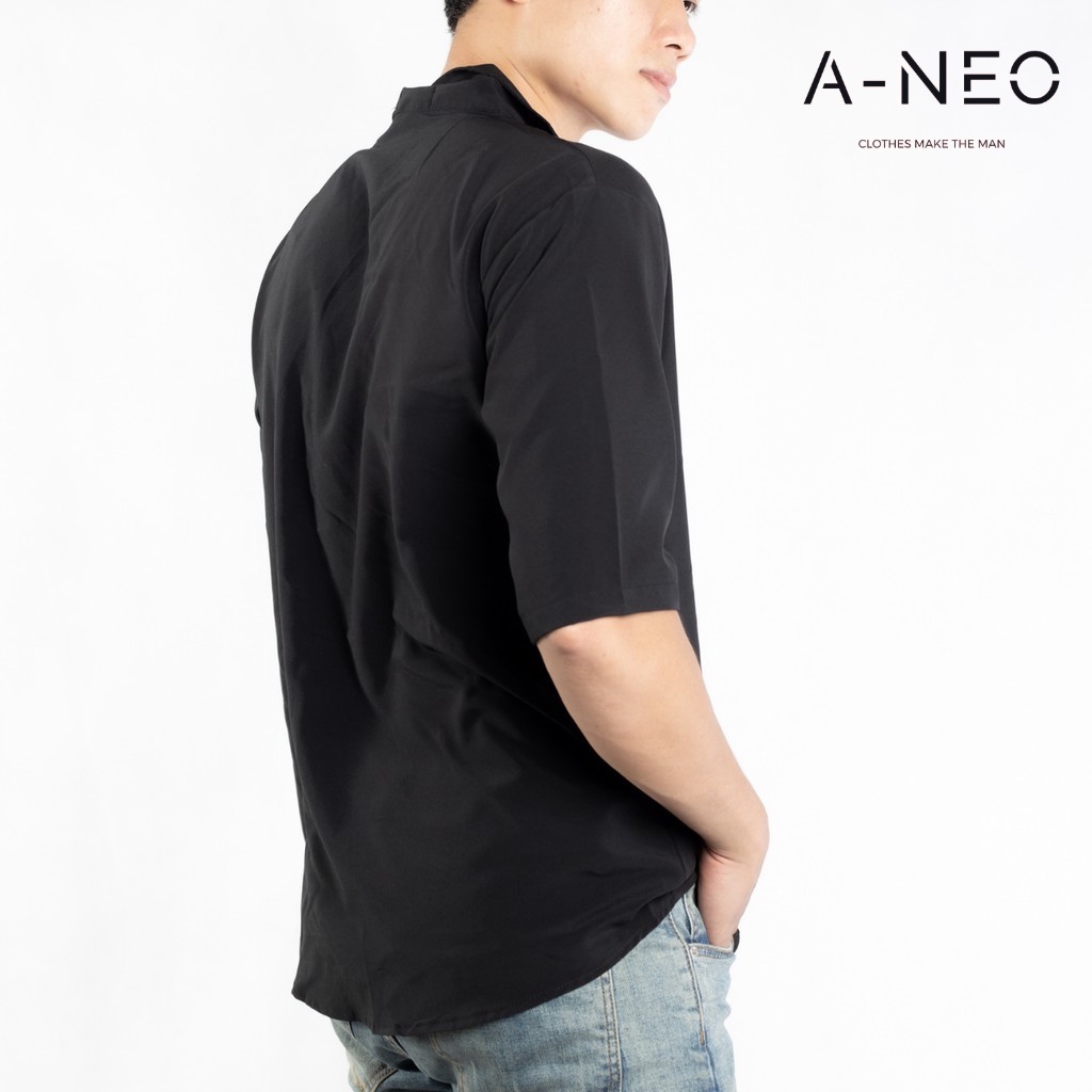 Áo Sơ Mi Nam A-NEO trơn ngắn tay vải Lụa thoáng mát, thấm hút, không nhăn chuẩn form màu Đen | BigBuy360 - bigbuy360.vn