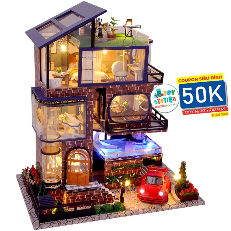 Nhà búp bê DIY Dollhouse lắp ghép bằng gỗ Mẫu Manhattan villa tặng kèm MICA chắn bụi, dụng cụ lắp ghép ToystationVN