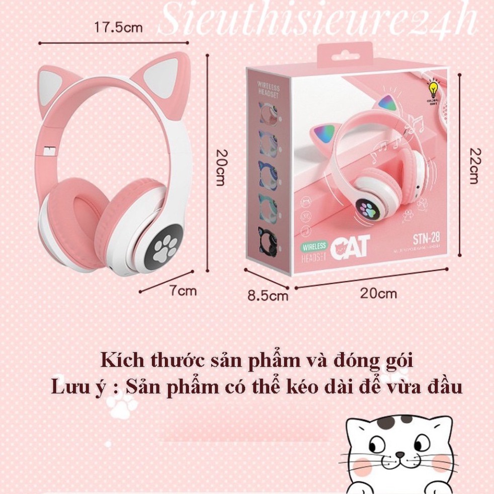 Tai Nghe Mèo Bluetooth 5.0 ❤️FREESHIP❤️ Tai Nghe Không Dây Có Mic, Âm Bass Mạnh Mẽ Và Dung Lượng Pin Khủng 400mAh