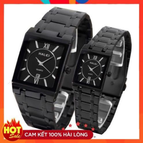 Cặp đồng hồ HALEI mặt vuông size 30mm 40mm dây đen thép không ghỉ mặt đen kính chống xước, chống nước tuyệt đối có lịch