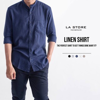 Áo sơ mi nam cổ tàu (cổ trụ) vải linen màu xanh dương đen