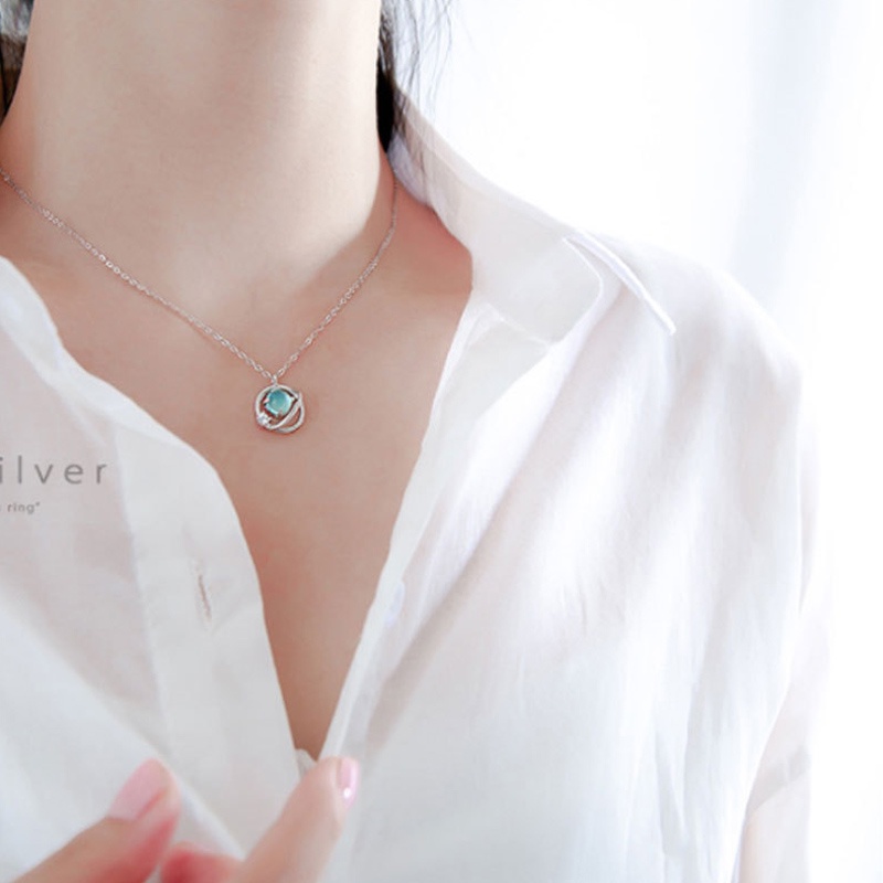 Vòng tay bạc mặt viên pha lê xanh dương phong cách hành tinh Gelang Tumpuk cho nữ