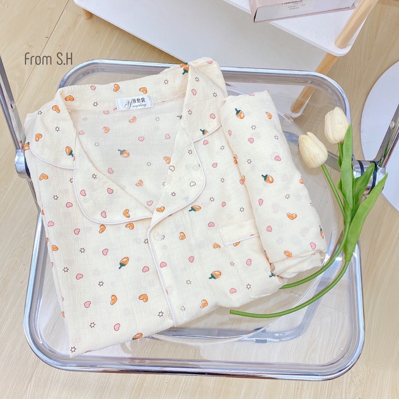 Bộ pijama thu đông mặc nhà nữ chất đũi xốp áo dài quần dài