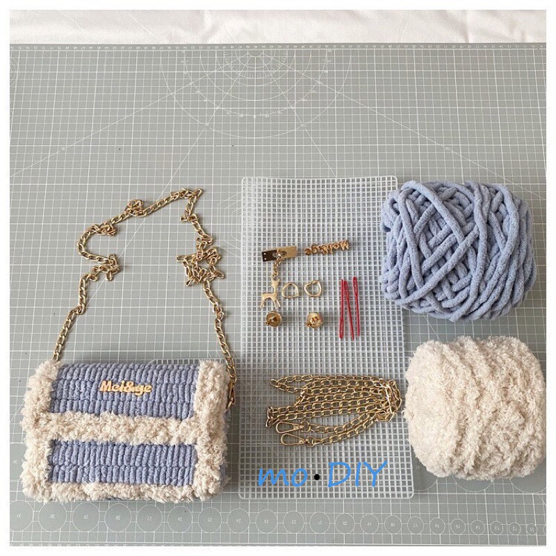 [Có video + hàng sẵn] Túi Handmade Tự đan đầy đủ phụ kiện đan len gồm len mịn, cancas cắt sẵn, dây xích hot tiktok