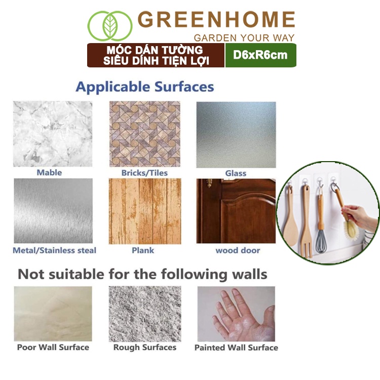 Móc treo tường, D6xR6cm chịu lực tốt, treo vật trang trí phòng khách, đồ dùng nhà bếp |Greenhome