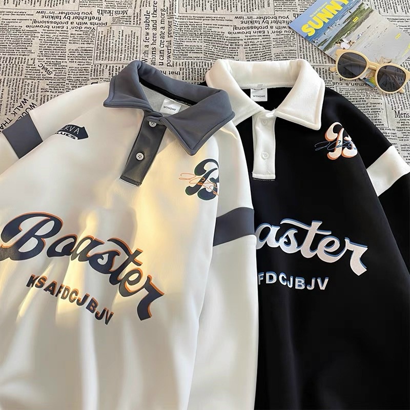 Áo Polo Dài Tay Chữ B  Unisex  Nỉ form rộng oversize in chữ xanh vintage cá tính đường phố hàn quốc đẹp