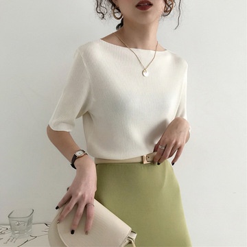 Áo thun lụa lạnh mỏng tay ngắn hở vai cổ ngang phong cách hè thời trang Hàn Quốc  cho nữ