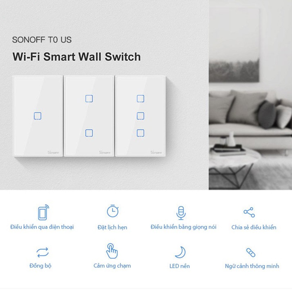 Công tắc WiFi Sonoff T3 US cảm ứng âm tường RF 433MHz 1 2 3 nút Mặt kính 120mm, T0, T1, T2 US chuẩn chữ nhật thông dụng