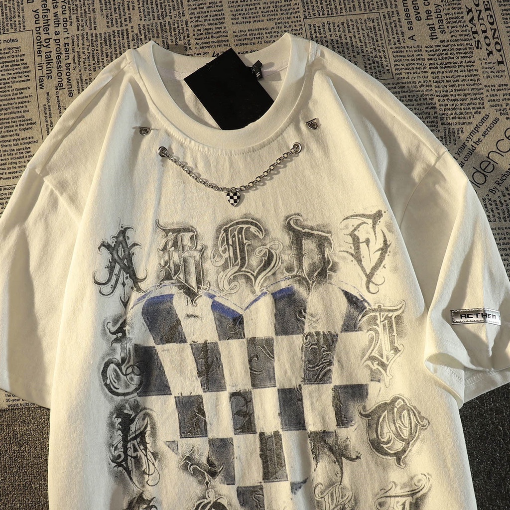 Áo Thun Nam Tay Ngắn In Hình Bàn Cờ Mỹ Phong Cách Retro Đường Phố Phương Tây Niche