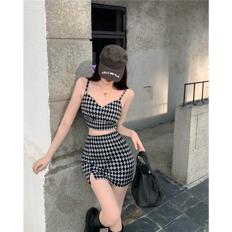 Bộ 2 món ZHELIHANGFEI áo dây dệt kim + chân váy cùng màu kẻ caro