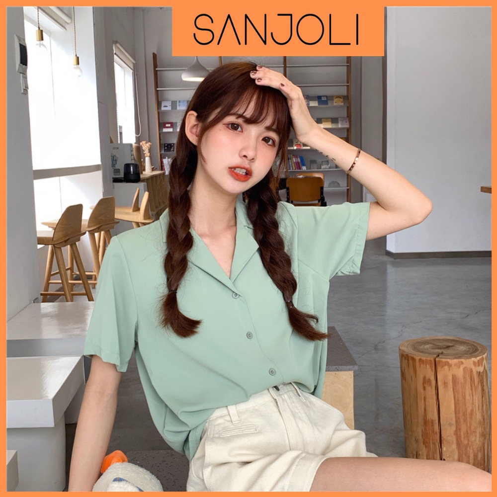 Áo sơ mi nữ Hàn Quốc form rộng SANJOLI Áo Sơ Mi công sở tay lỡ cộc tay kiểu đẹp, trắng đen nhiều màu cao cấp AO005
