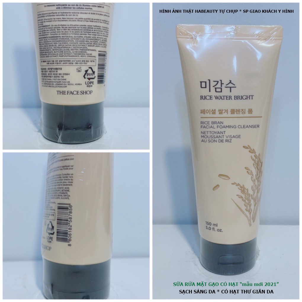 Sữa rửa mặt trắng da The Face Shop cấp ẩm Hàn Quốc có hạt Rice Water Bright Rice Bran Foaming Cleanser 150ml Hà Beauty