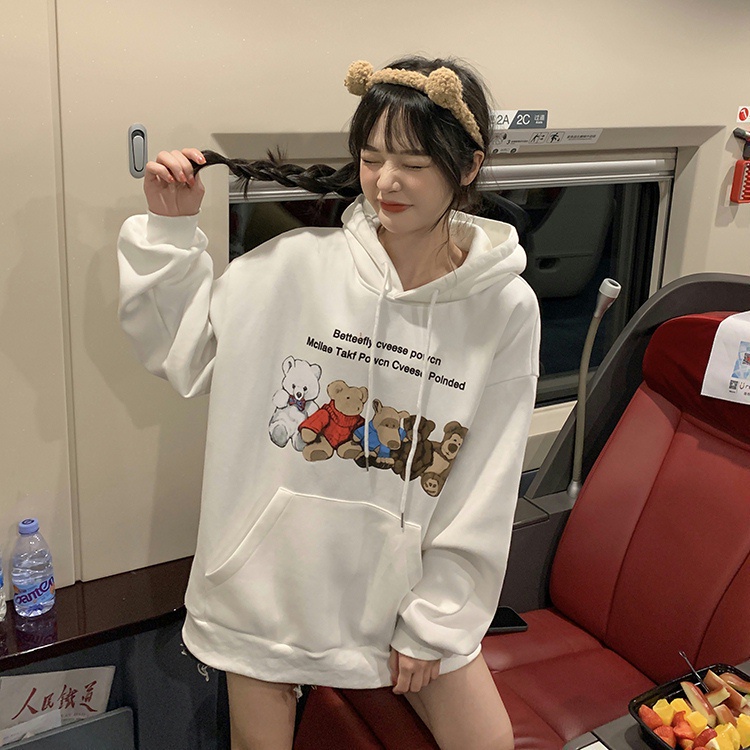 Áo hoodie dài tay dáng rộng in hình giản dị dễ phối đồ thời trang