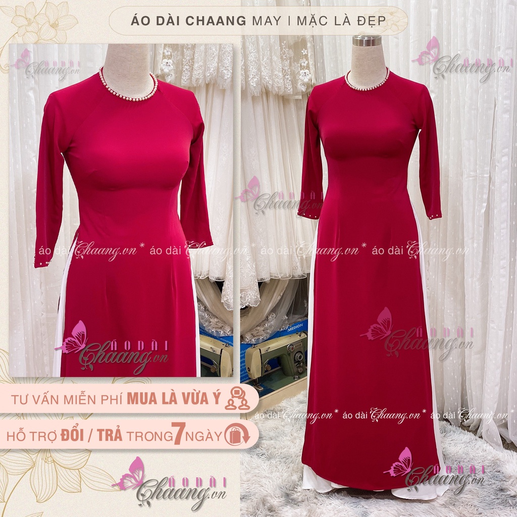 Áo dài đỏ đô cổ tròn CHAANG May sẵn kiểu tay lỡ đính đá ngọc, vải lụa co giãn