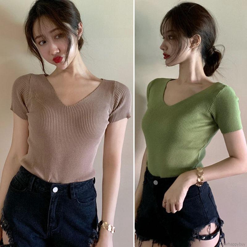 Áo thun ngắn tay cổ tim kiểu dáng đơn giản trẻ trung dành cho nữ