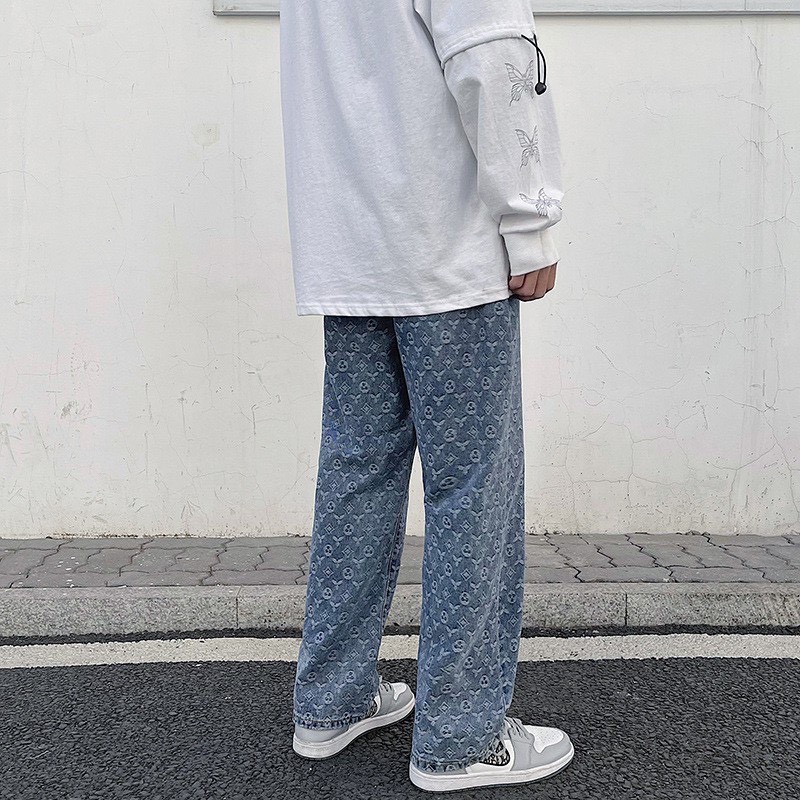 Quần Jean Xanh Ống Rộng hoạt tiết LV Unisex