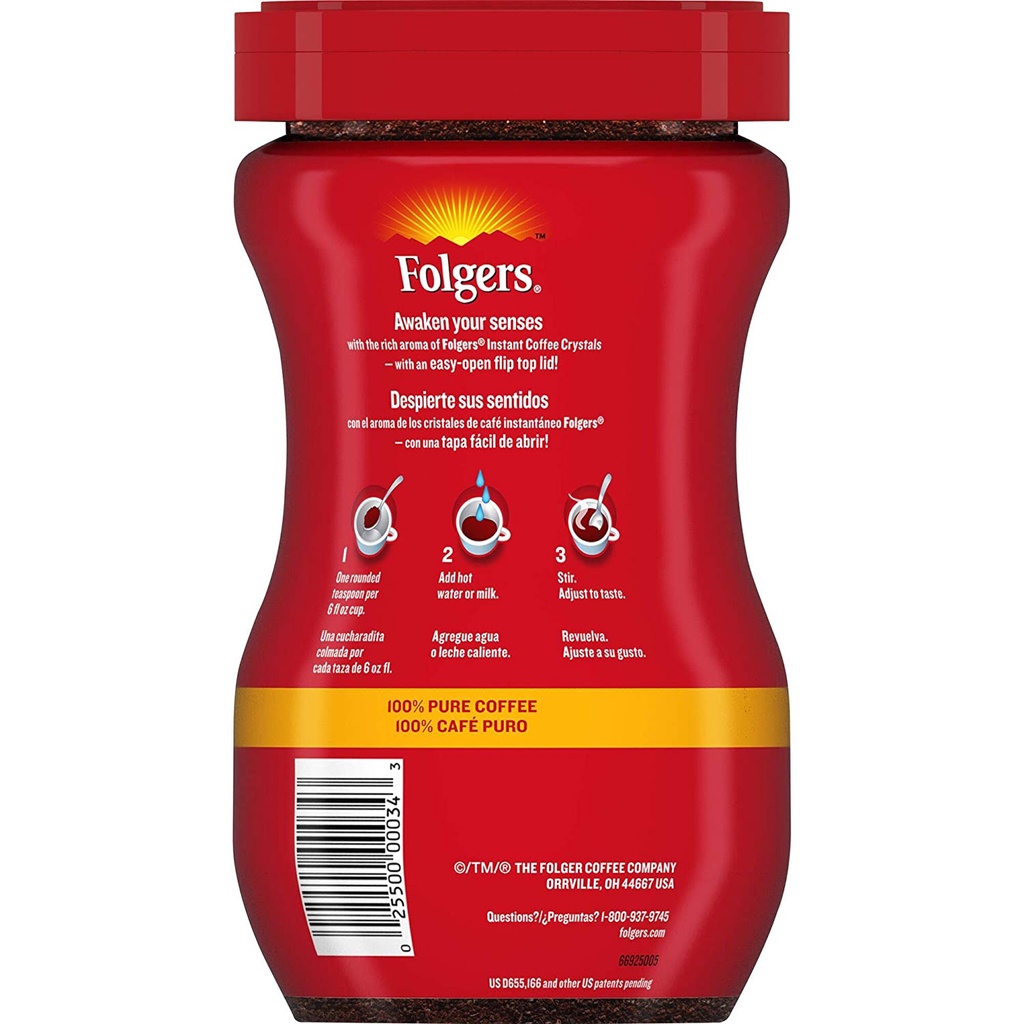 Cafe rang hòa tan hương vị cổ điển Folgers Classic Roast Instant Coffee Crystals, 8-12 Ounces