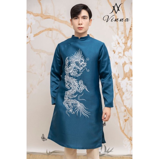 Áo dài cách tân tafta Nam Thêu Rồng,Hạc màu xanh, đỏ, vàng hoạ tiết thêu tay tỉ mỉ thiết kế thương hiệu thời trang Vinna