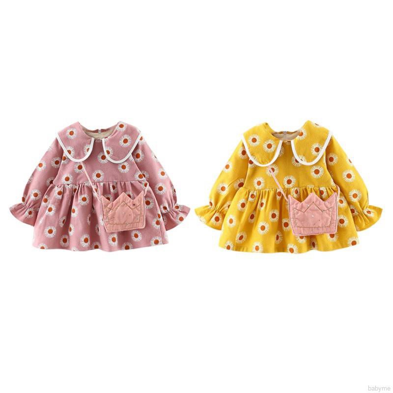 Set đầm dài tay cổ tròn + túi đeo chéo in hoa đáng yêu cho bé gái