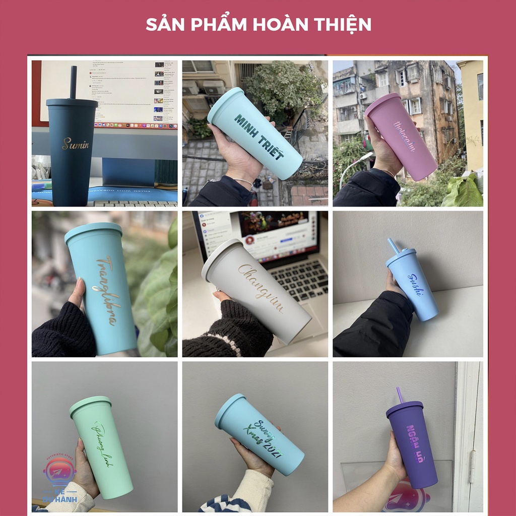 Bình đựng nước Decal in theo yêu cầu dung tích 650ml, bình giữ nhiệt Kẻ du hành khắc tên tặng kèm ống hút