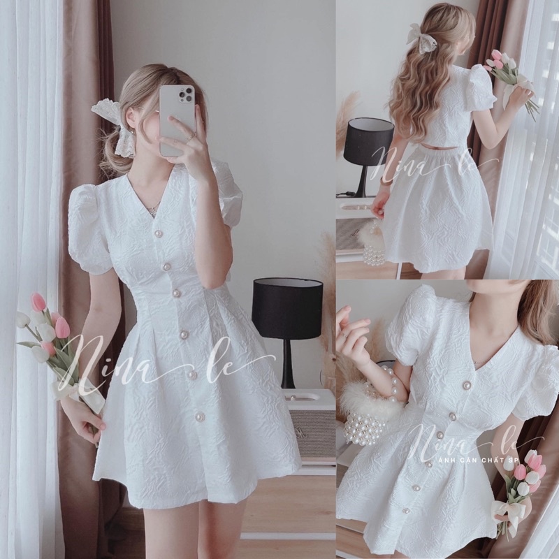 Váy Xốp Hoa Nổi Thiết Kế Cổ V Hở Lưng Khuy Ngọc / Đầm Dự Tiệc, Đám Cưới…