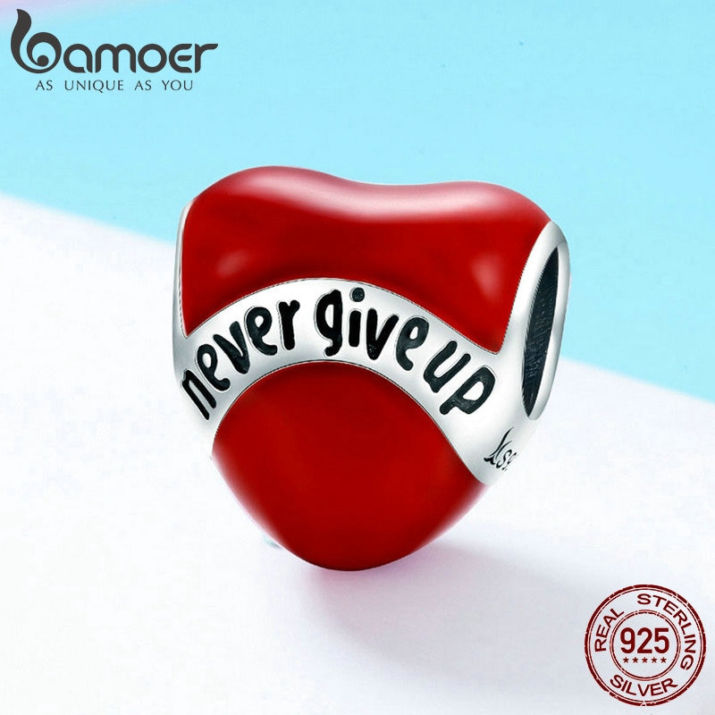 Hạt Xỏ Trang Sức Bamoer Hình Trái Tim Khắc Chữ Never Give Up Thời Trang