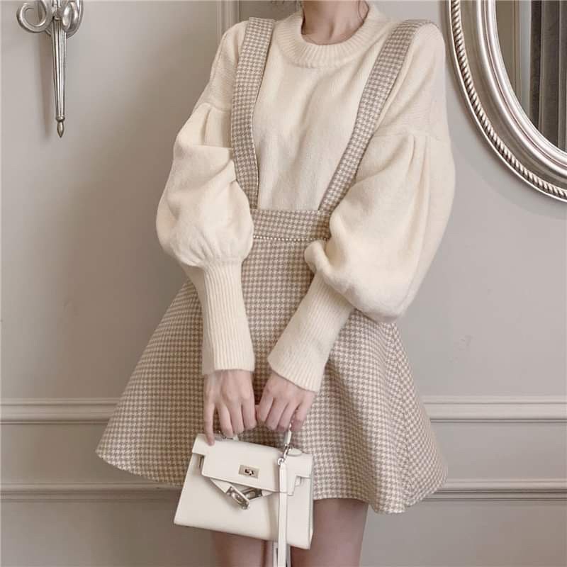 Set yếm ulzzang có tách lẻ, gồm chân váy ulzzang và áo len tay phồng