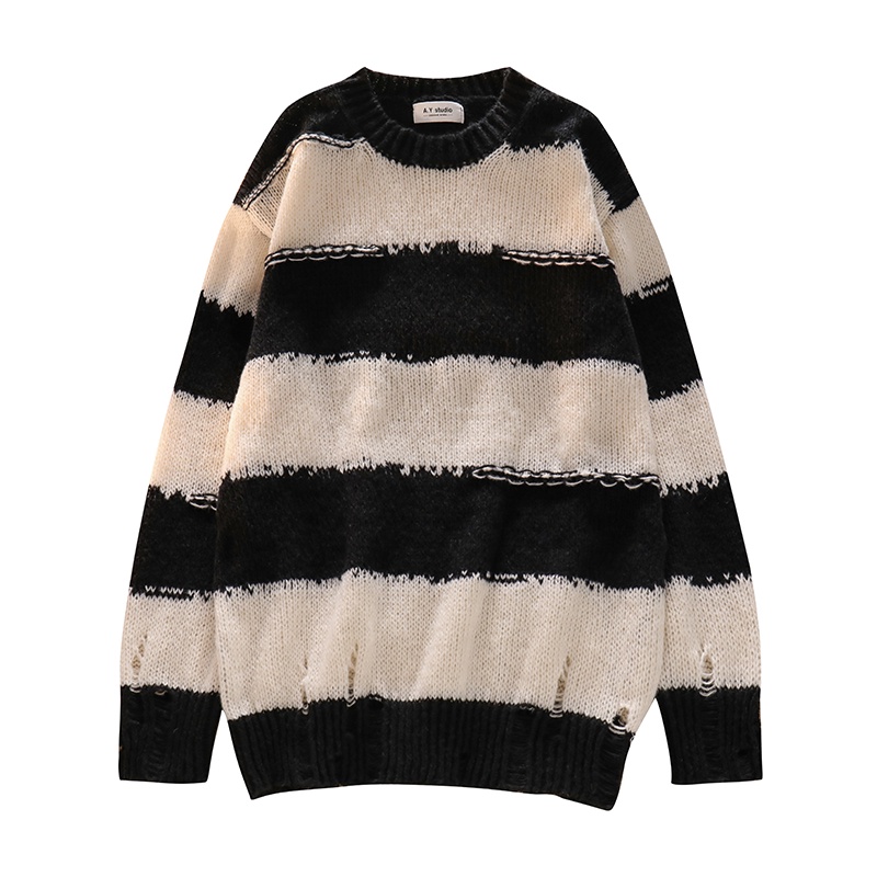 Áo len nữ form rộng hàn quốc RÁCH XẺ TÀ 2022, áo sweater nữ len hàn quốc tay dài sọc ngang trắng đen thời trang unisex