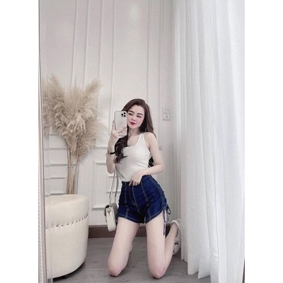 Quần shorts bò nữ rút dây 2 bên cạp cao xinh xắn