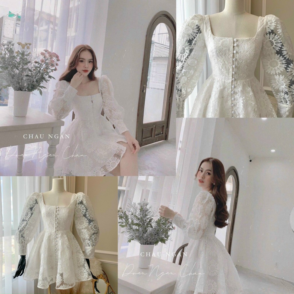 Váy Xoè Ren Thêu Hoa Cúc Tay Dài Siêu Hot , hàng đẹp như hình, có ảnh thật