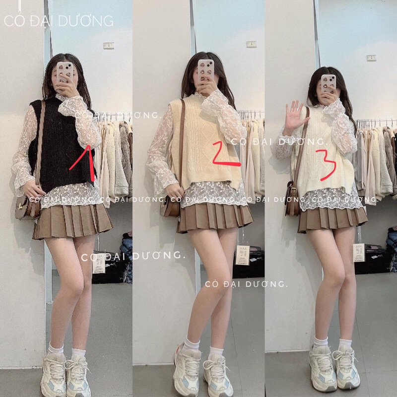 set áo gile trơn buộc eo kèm áo ren cổ