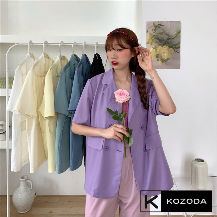 Áo blazer cộc tay túi nắp nữ áo vest khoác ngoài phong cách hàn quốc màu đen trắng xanh tím nâu 1 lớp kozoda AK3