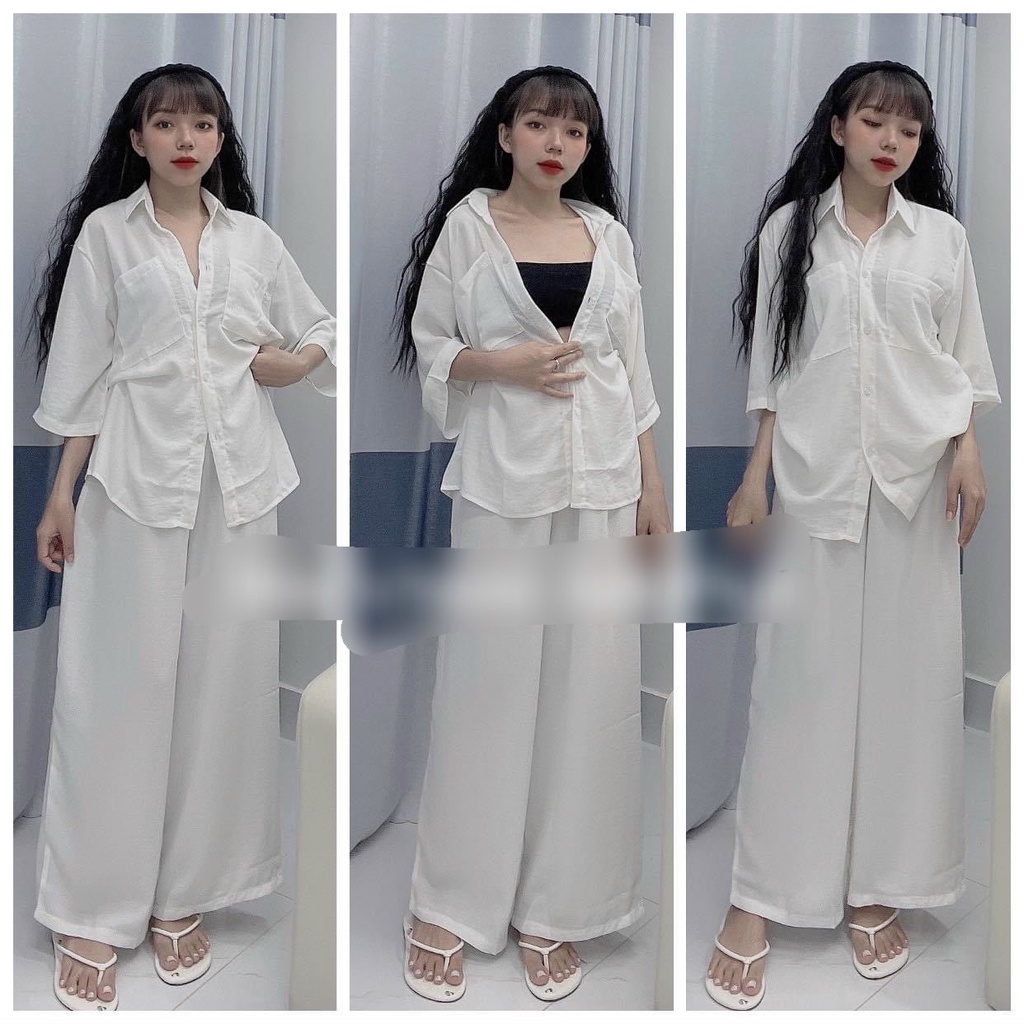 [Set bộ sale] Set bộ 2 món đi chơi phong cách cá tính, quần ống rộng kèm áo sơ mi form rộng phối áo lót trong sexy
