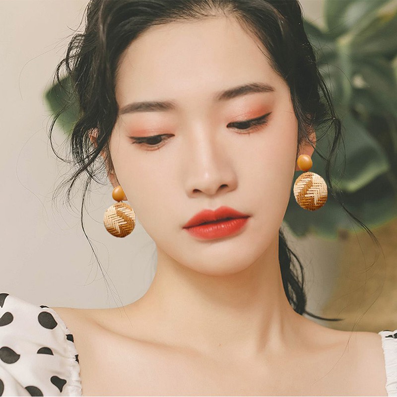 Women Retro Ethnic Style Weave Vintage Ethnic Round Circle Stud Gemstones Earrings