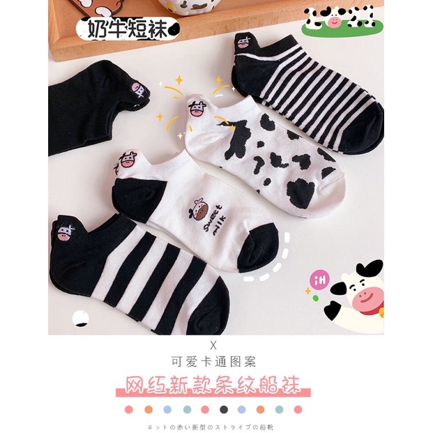 Tất cổ ngắn thêu hình bò sữa loại 1 cho bạn gái bạn nữ phong cách Hàn Quốc Nhật Bản