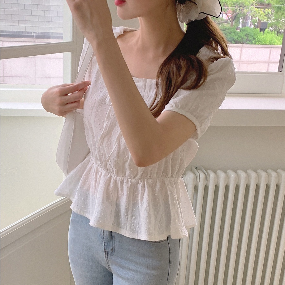 SUXI Áo Sơ Mi Tay Ngắn Cổ Vuông Màu Trơn Ngọt Ngào Dễ Thương Phong Cách Hàn Quốc Thời Trang Mùa Hè Cho Bạn Gái