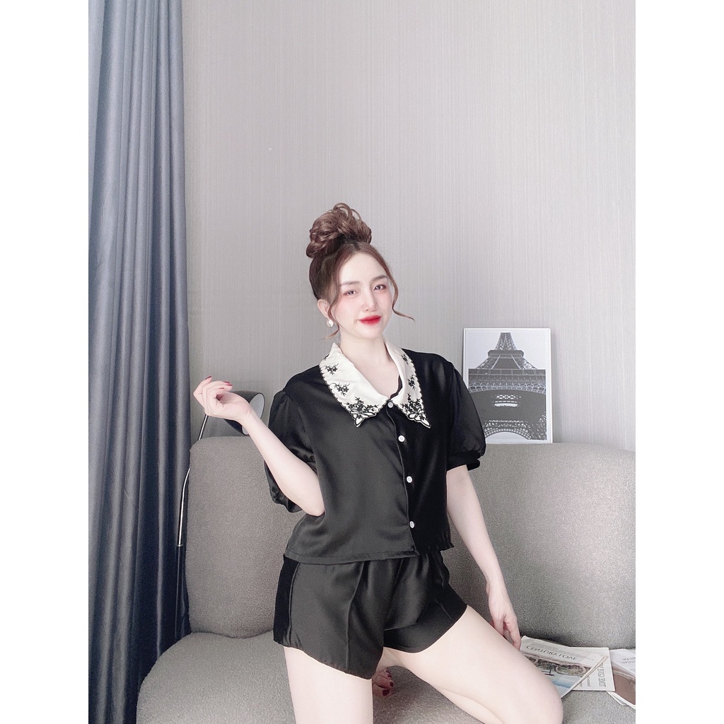 Đồ ngủ tiểu thư Hoàng Tình Store tay ngắn cổ thêu hoa, mặc nhà xinh xắn dễ thương lụa satin cao cấp mềm mại Freesize