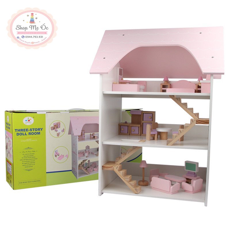 Doll House - Đồ chơi nhà búp bê gỗ 3 tầng cho bé gái tự do sáng tạo