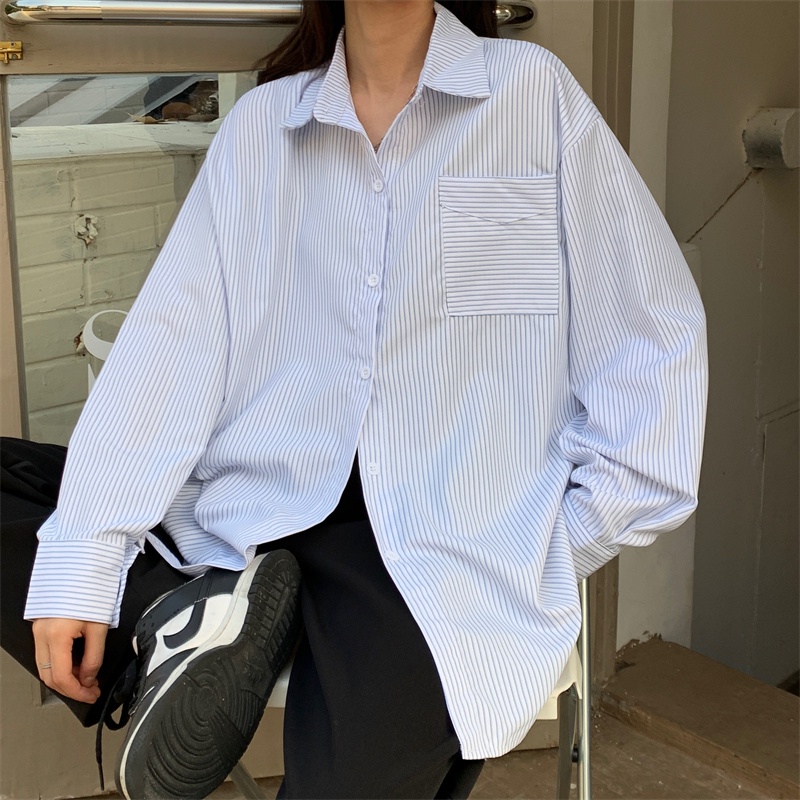 【ZHELIHANGFEI】Áo Sơ Mi Tay Dài Họa Tiết Sọc Theo Phong Cách Preppy Dễ Phối Đồ