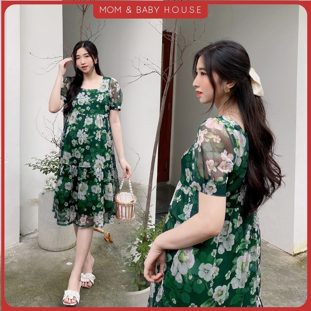 Đầm bầu babydoll voan tơ xanh rêu