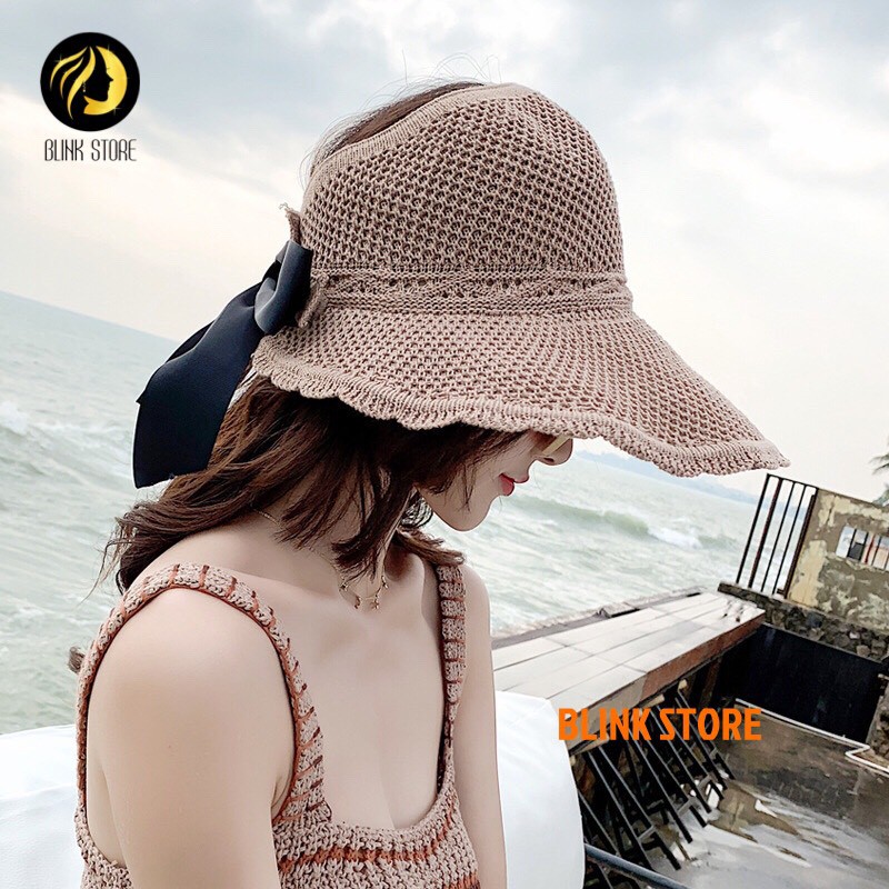 Mũ chống nắng rộng vành gấp gọn hở chóp đính nơ lụa nhã nhặn, phù hợp đi du lịch, đi chơi bảo vệ da khỏi tia UV