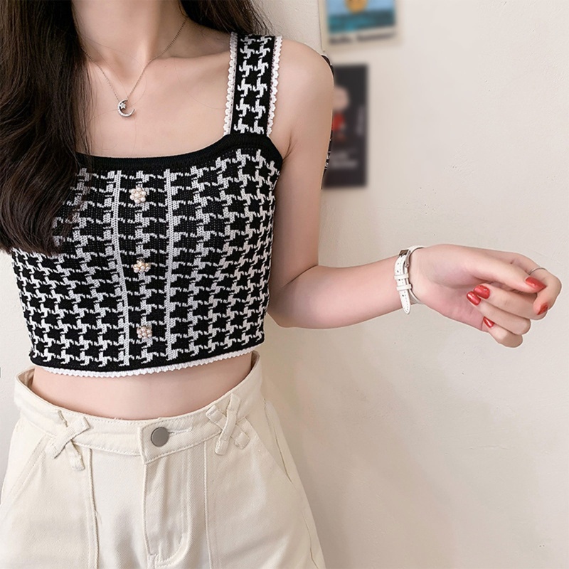 Brroa Áo Croptop Dệt Kim Dây Bản Rộng Cài Nút Họa Tiết Houndstooth Đính Ngọc Trai Cho Nữ
