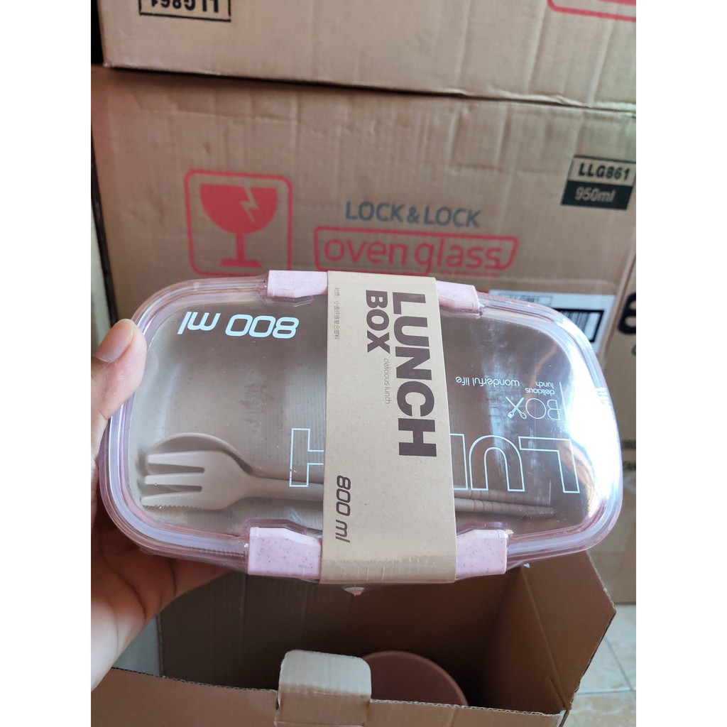 Hộp đựng cơm lúa mạch 2 tầng LUNCH BOX 800ml kèm ly sứ, thìa và nĩa