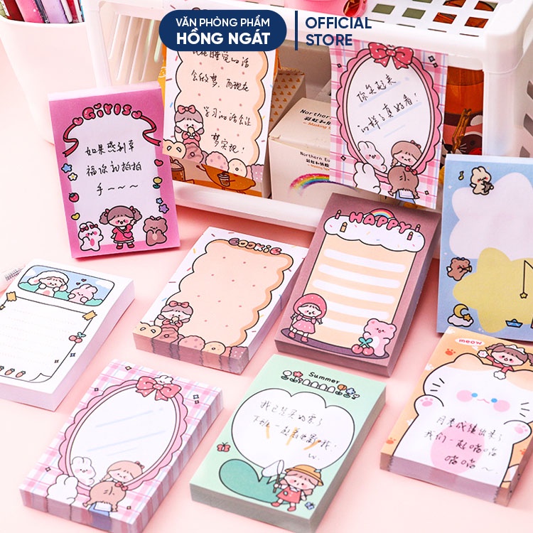 Giấy note cute hoạt hình HCN, giấy ghi chú dễ thương nhỏ gọn nhiều màu 80 tờ đồ dùng học tập văn phòng phẩm GN04