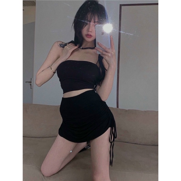 Set áo 2 dây và chân váy body rút dây 2 bên có may kèm lót quần