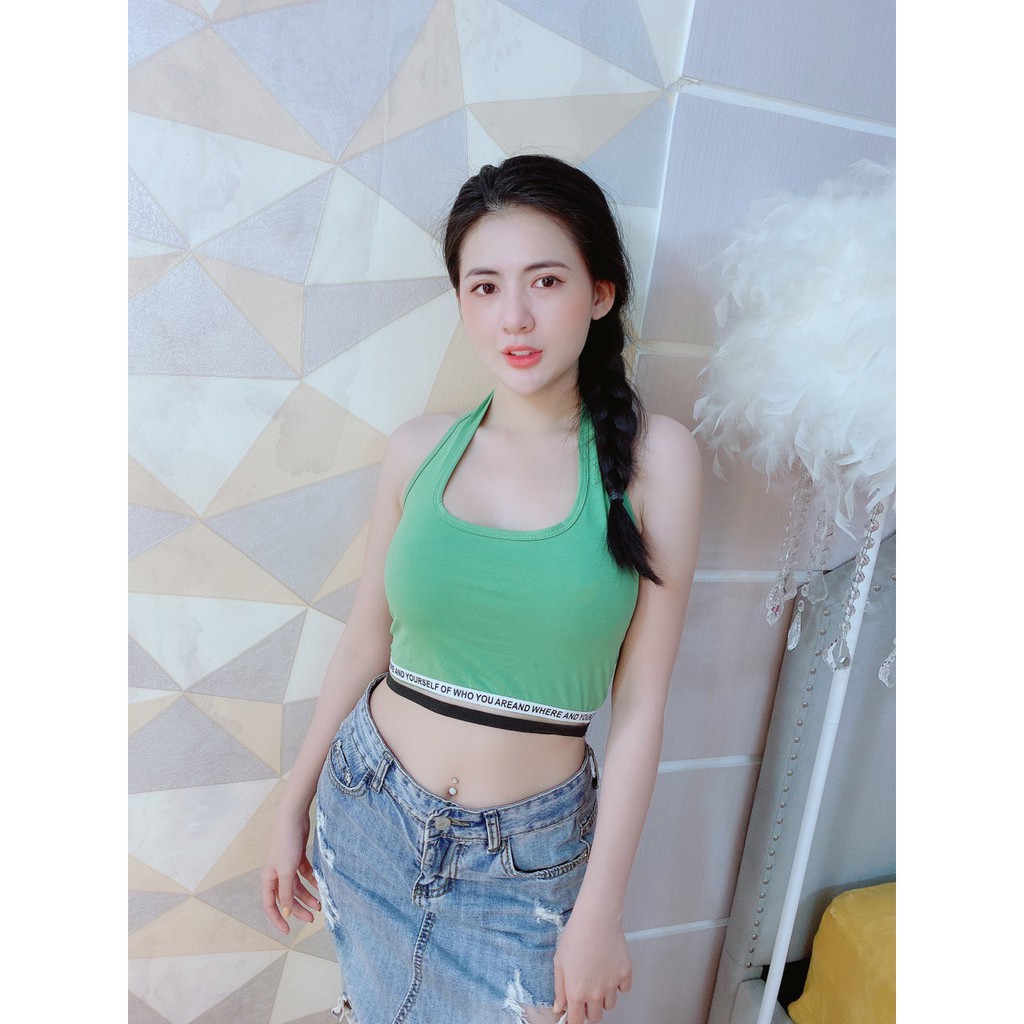 Áo yếm đeo cổ ôm body form croptop , kiểu phối thun chữ dưới cực xinh