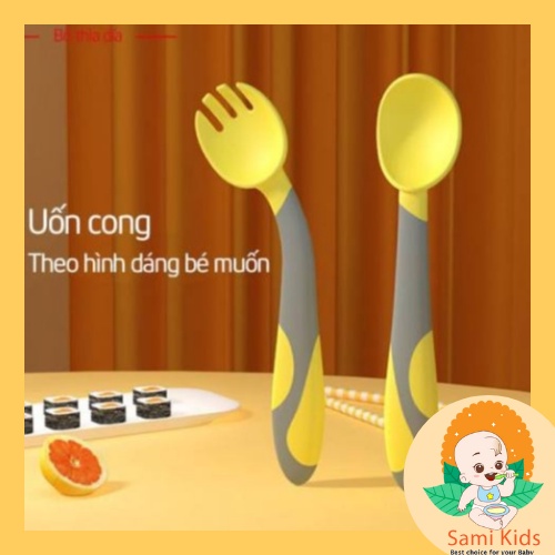Thìa dĩa tập xúc silicon Misuta, muỗng nĩa uốn cong an toàn cho bé ăn dặm SAMI KIDS