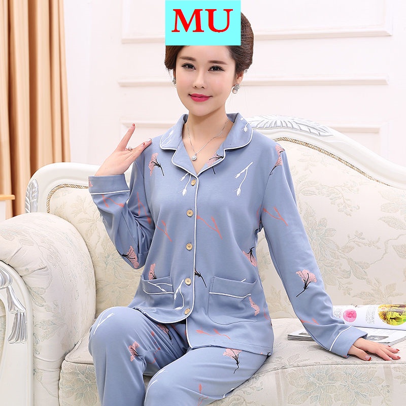 Bộ đồ ngủ pijama 100% cotton tay dài thời trang xuân thu cho nữ trung niên
